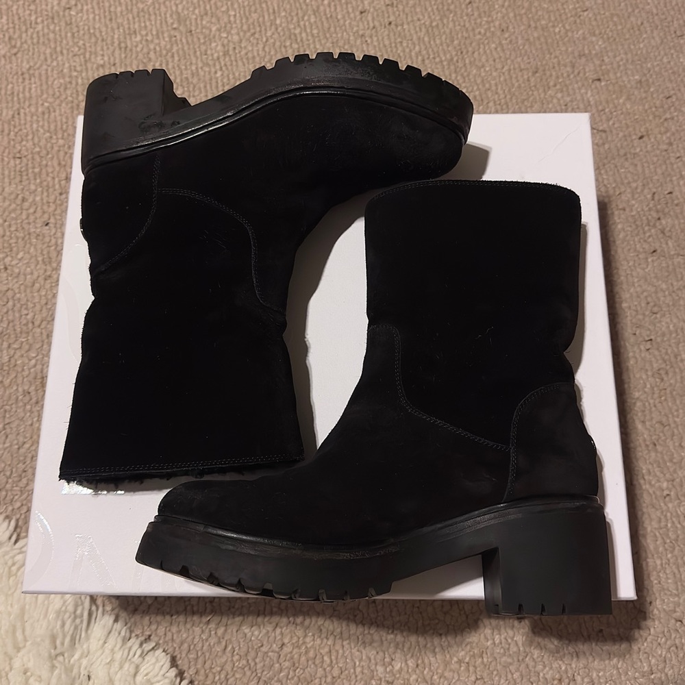 Moncler Suede Shearling Lined Black Mid Heeled Rubber Lug Sole Winter Boots